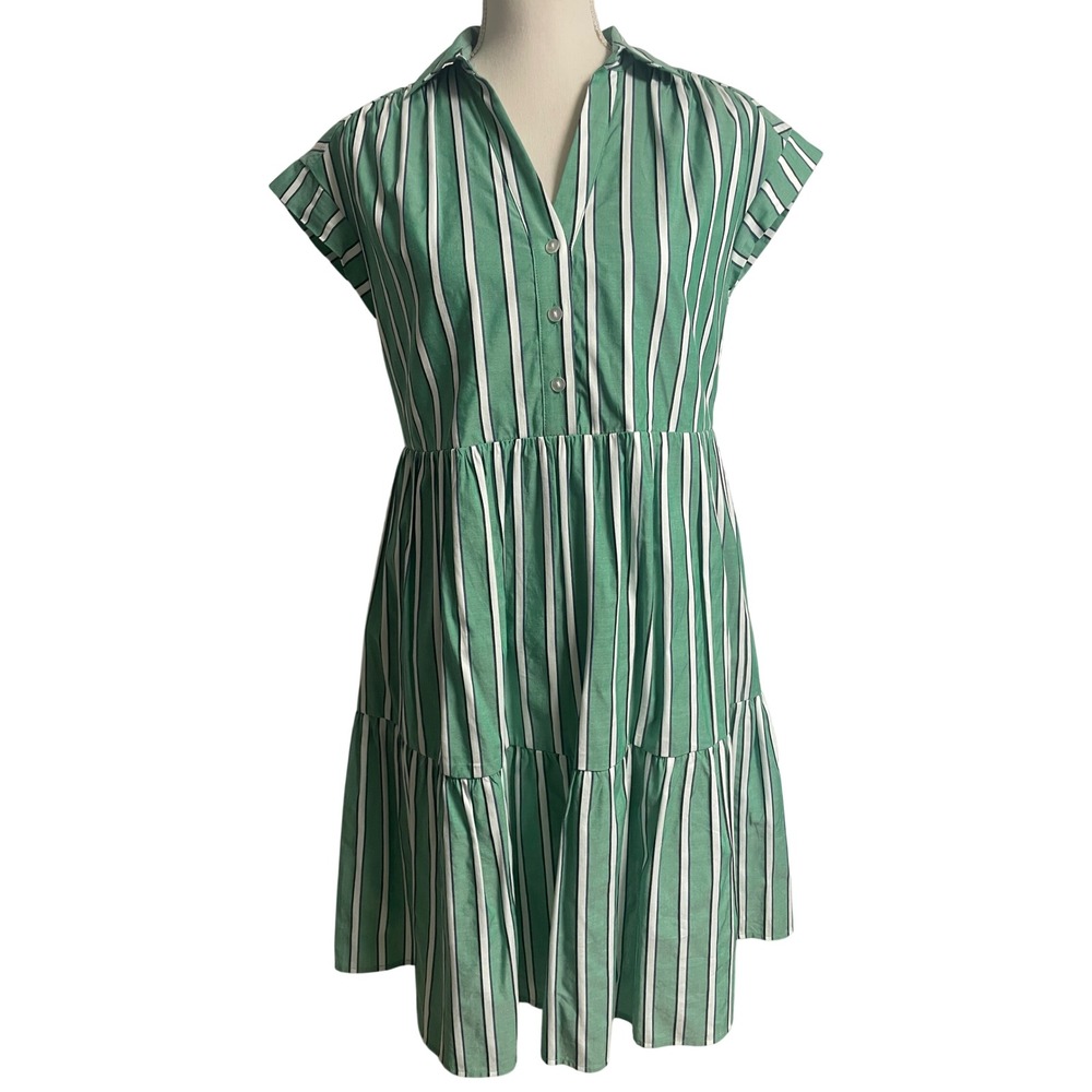 Ann Taylor Factory Green Stripe Tailored Midi Shirt Dress Women's XS